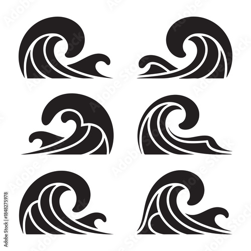 asian water wave silhouettes set in black vector style for traditional and modern design