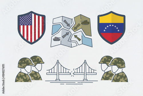 United States and Venezuela conflict concept illustration with opposing flags, soldiers and troop movement map, broken bridge symbolizing tensions, sanctions and crisis