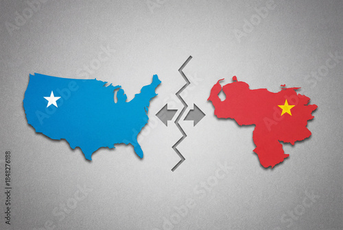 United States and China maps facing a cracked divide on gray background, symbolizing geopolitical tension and bilateral relations with trade dispute concept