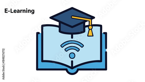 E-learning concept with graduation cap on open book and wifi symbol  