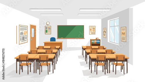 Classroom with empty desks and chalkboard representing International Education Day  