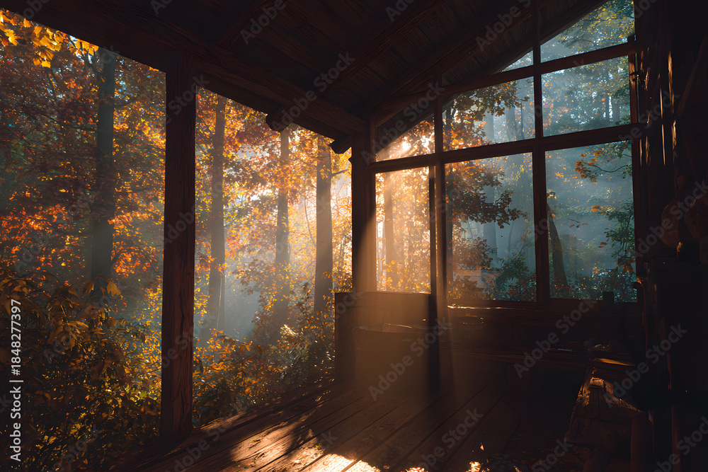 Obraz premium Cozy cabin living room with autumn view of serene forest in warm sunlight