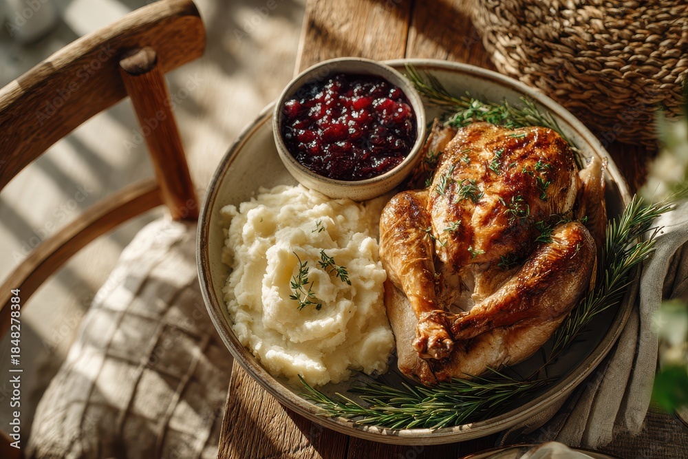 custom made wallpaper toronto digitalRoast chicken with mashed potatoes and cranberry sauce on a rustic wooden table setting