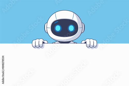 Cartoon robot holding a blank white banner with blue background and copy space.