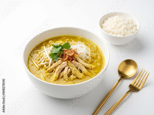 Indonesian Chicken Soto Soup Served in White Bowl Isolated on White Background