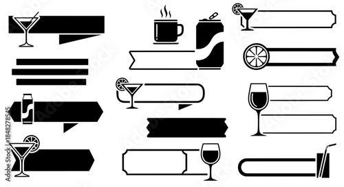 Vector drink ribbons collection. Blank frames with cocktail and soda icons for restaurant menu design or cafe price tags labels.