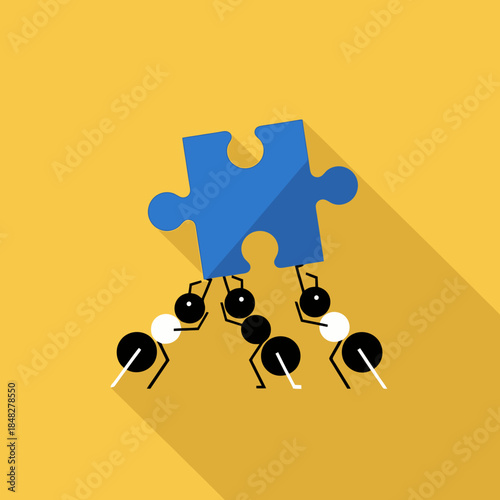 Flat design illustration of ants carrying a blue jigsaw puzzle piece