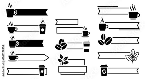 Vector coffee shop headers set. Black and white banners with takeaway cup bean and leaf icons for cafe menu template or packaging label design.