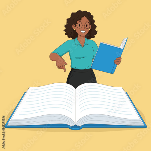 Black woman teacher pointing at large open educational textbook illustration.