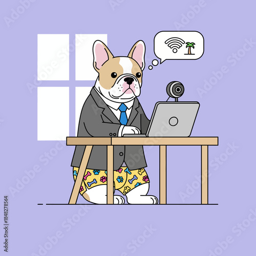 French Bulldog working remotely in suit and boxer shorts illustration