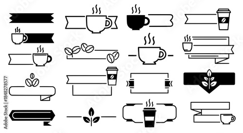 Vector coffee ribbon frames collection. Black and white banner set with hot cup, bean and leaf icons for cafe menu text layout or packaging design.