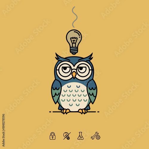Wise cartoon owl with glasses and unlit idea lightbulb vector art.