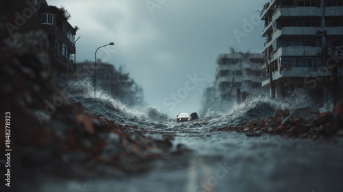 Urban Flood Scene with Abandoned Buildings and a Car Amidst Rising Waters