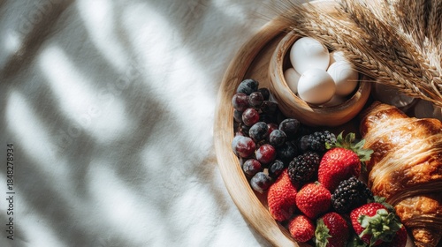Elegant breakfast still life with fresh fruits, pastry and light shadows