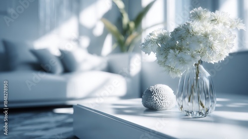 Elegant interior featuring white flowers in a vase on a coffee table