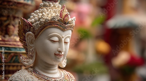Serene Buddha Statue in Tranquil Contemplation with Ornamental Decoration