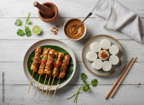 Indonesian Chicken Satay Flat Lay with Rice Cake and Peanut Sauce on White Background