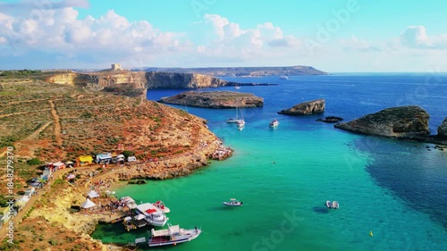 Blue Lagoon on Comino Island, Malta - aerial drone view