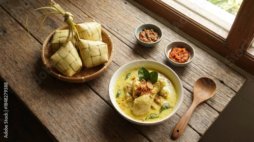 Indonesian Chicken Opor with Ketupat Rice Cake on Rustic Wooden Table, Traditional Eid Food