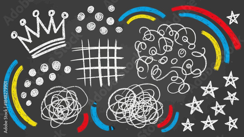 Chalkboard doodles, child-like drawings with a crown, stars, and abstract shapes