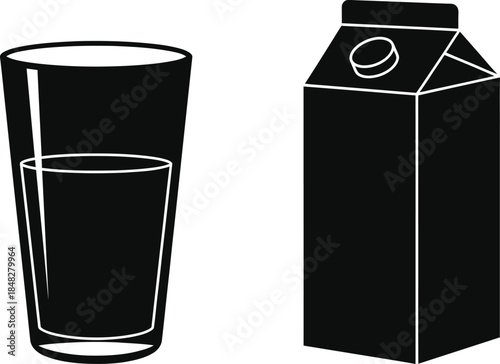 A simple illustration depicting a drinking glass and a milk carton silhouette