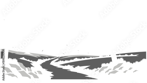 A grayscale landscape featuring a winding path through a forest scene