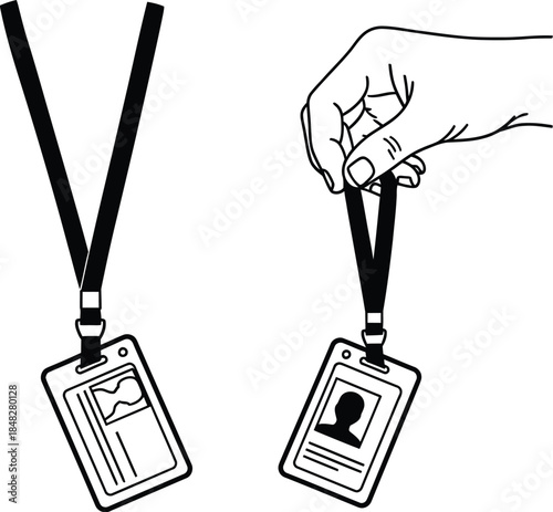 Simple illustration of a hand holding two black identification badges with lanyards