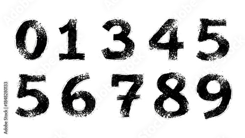 Distressed black numbers zero through nine isolated on a white background