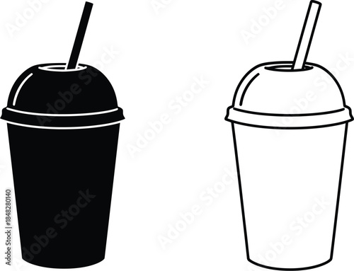 Two stylized drinks in plastic cups with straws black and white illustration
