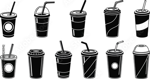 A collection of various black and white disposable drink cups with straws