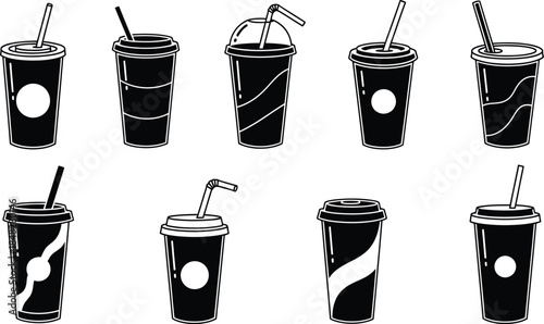 Collection of black and white sketches depicting various soda or beverage cups