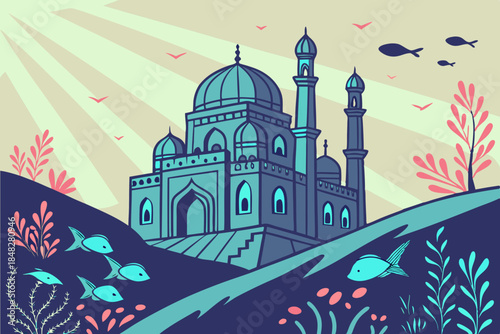 Underwater palace glowing with light blue and pink accents fish