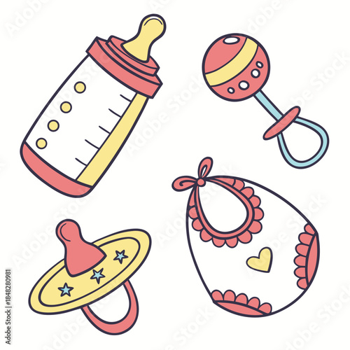 Colorful baby care including bottle pacifier rattle and bib baby bottle