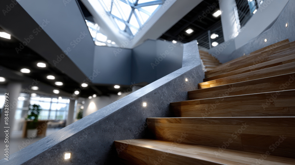 Fototapeta premium This stunning image showcases a modern wooden staircase adorned with stylish lighting, set in a spacious and bright environment, ideal for contemporary architecture visuals.