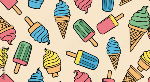 Bright and Colorful Ice Cream and Popsicle Pattern for Food and Drink Designs.