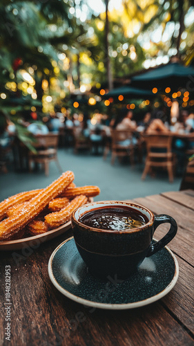 Lively city cafe scene featuring churros and warm drinks at dusk