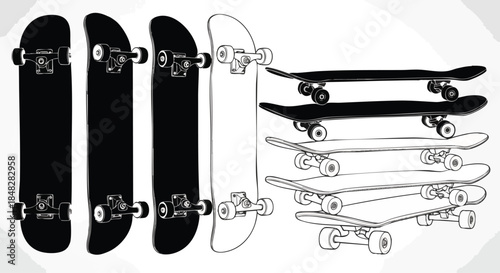 Collection of Skateboards - Black Silhouettes and Line Art Designs for Sports and Lifestyle.