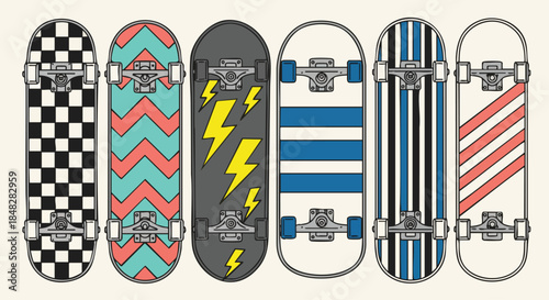 Collection of Stylish Skateboards with Diverse Colorful Patterns and Designs, Ready for Action.