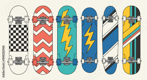 Collection of Trendy Skateboards with Vibrant Geometric Designs and Lightning Bolt Graphics.