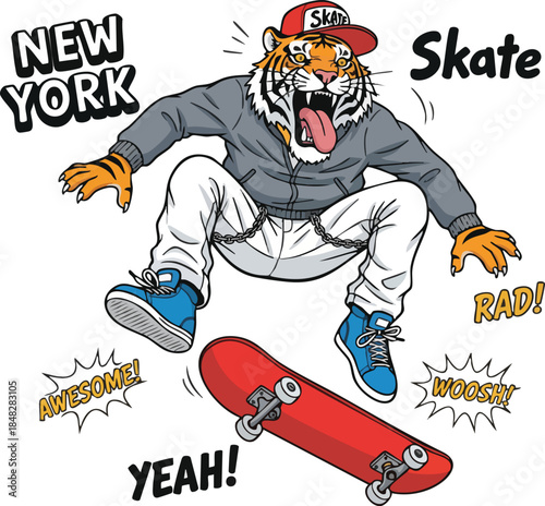 Cool Tiger Skater Performing a Trick in New York City, Dynamic Action Illustration.