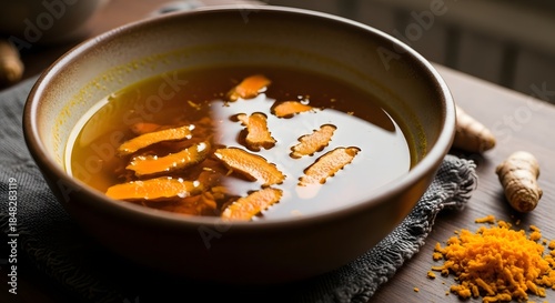 Close-Up of Boiled Turmeric Root Slices Resulting from Traditional Herbal Jamu Preparation in a Ceramic Bowl