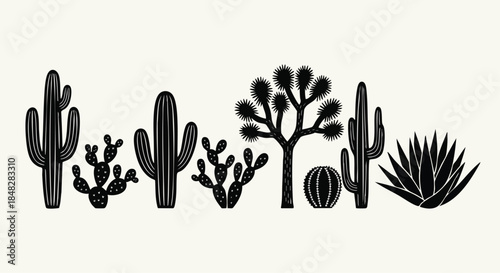 Desert Landscape Vector Illustration: A Collection of Iconic Cacti and Succulents in Silhouette.