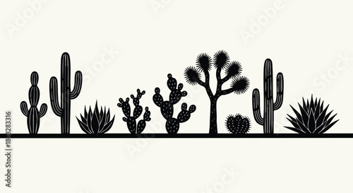 Desert Landscape Silhouette with Various Cacti and Succulents - Minimalist Vector Art.