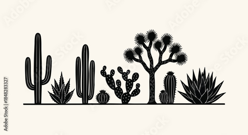 Desert Scene Silhouette with Various Succulents and Cacti in Black and White.