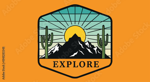Desert Adventure Emblem with Mountains, Sun, and Saguaro Cacti - Explore Outdoors.