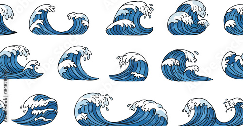 Diverse Set of Stylized Ocean Waves and Water Motion Illustrations. Perfect for summer themes, surf culture, and aquatic designs.