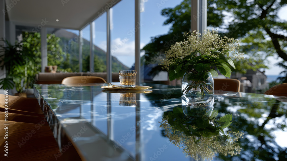 Obraz premium An inviting dining space filled with natural light, featuring a beautifully set table, fresh flowers, and a stunning view of nature, evoking feelings of warmth and togetherness.