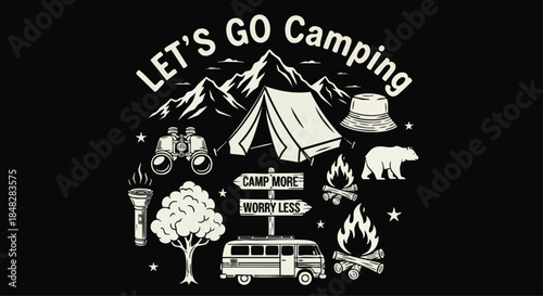 Enjoy the Outdoors: 'Let's Go Camping' Graphic with Tent, Mountains, and Van.