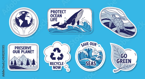 Environmental Protection Stickers: Save Our Planet, Recycle, Protect Oceans, Go Green.