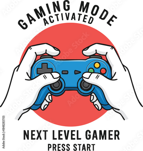 Gamer Hands Holding Blue Video Game Controller, Gaming Mode Activated.